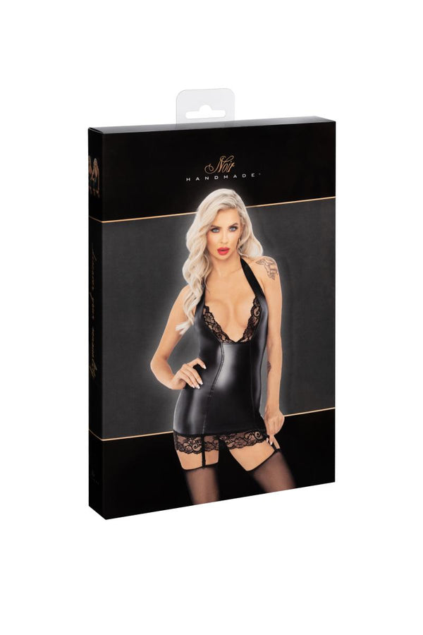 Sinnliches schwarzes Powerwetlook Minikleid mit Spitzenbesatz von Noir Handmade – Ansicht 8