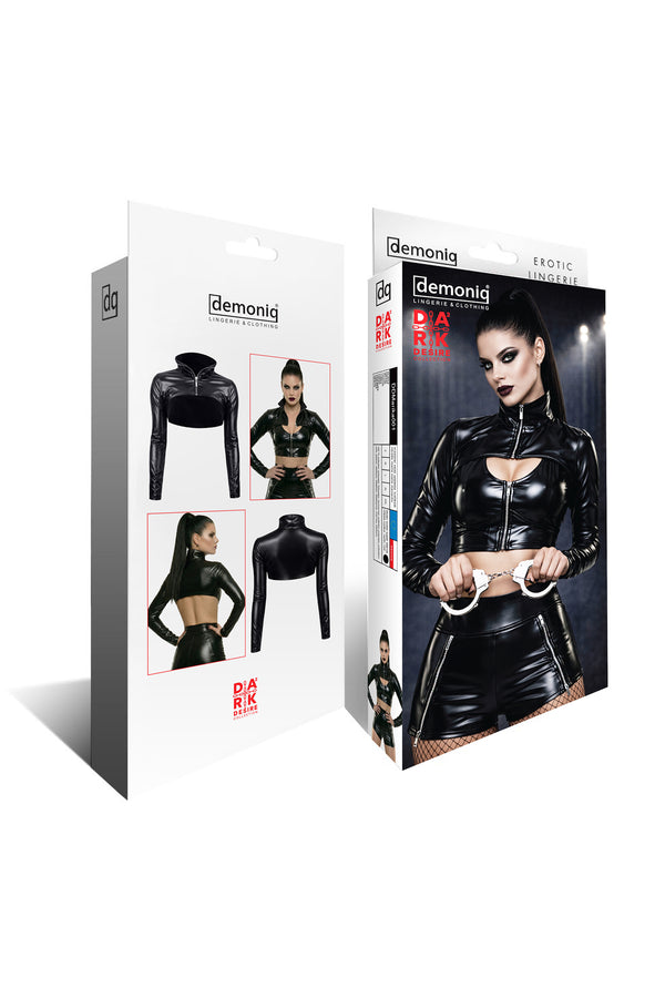 Schwarze raubtierhafte Wetlook Jacke mit brustfreiem Design von Demoniq – Ansicht 9