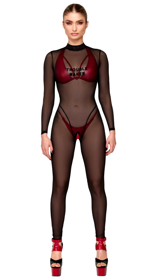 Sexy schwarzer Catsuit F387 mit Wetlook-Optik von Noir Handmade – Ansicht 7