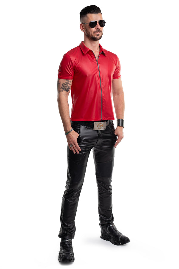 Rotes verführerisches Wetlook Poloshirt mit dunklem Reißverschluss von Regnes Fetish Planet – Ansicht 7
