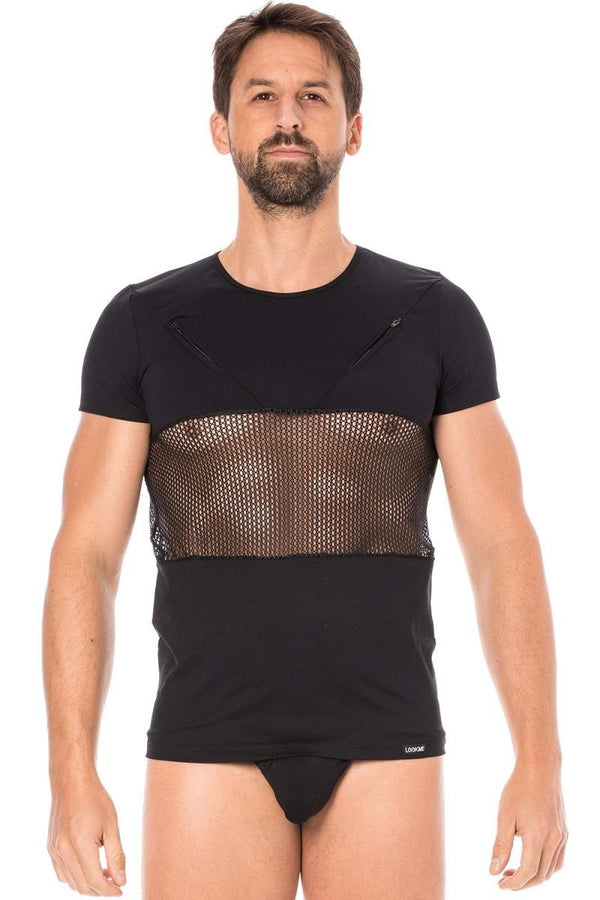 Schwarzes verführerisches T-Shirt mit zwei Reißverschlüssen von LOOK ME