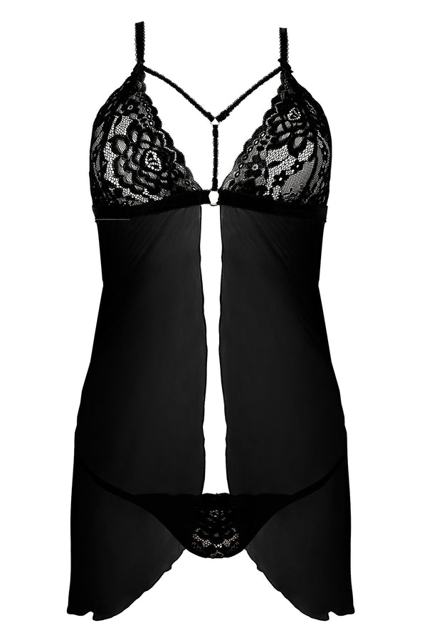 Schwarzes sündiges Spitzen Chemise mit hauchzartem Tüll und String von Anais apparel – Ansicht 3