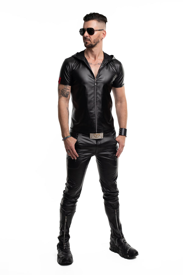 Schwarzes verfĂźhrerisches Wetlook Shirt mit Kapuze von Regnes Fetish Planet â Ansicht 7