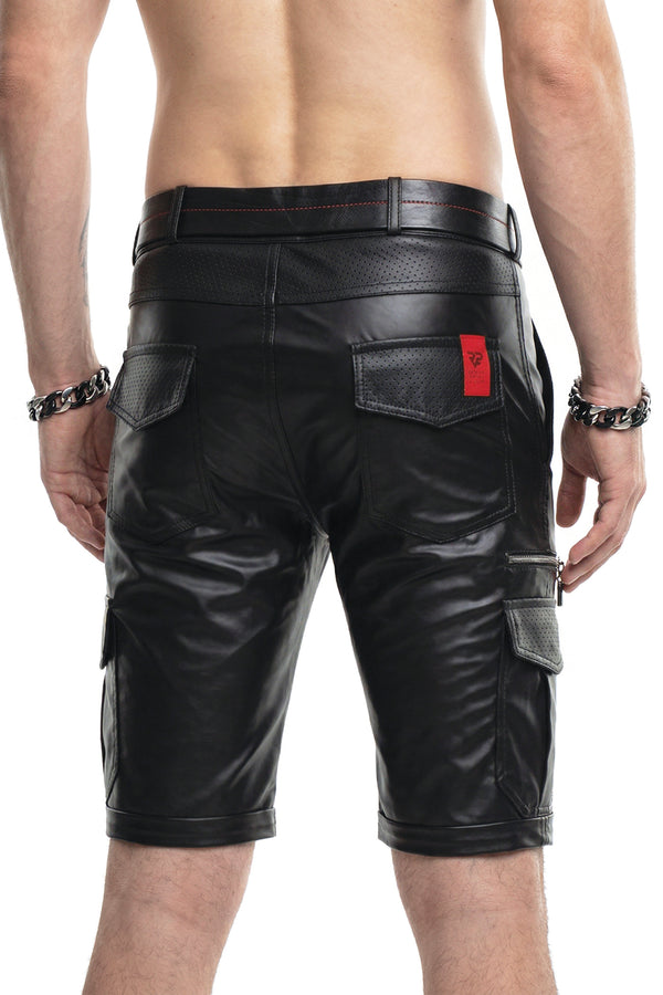 Schwarze maskuline Wetlook-Shorts mit markanten Cargotaschen von Regnes Fetish Planet – Ansicht 3
