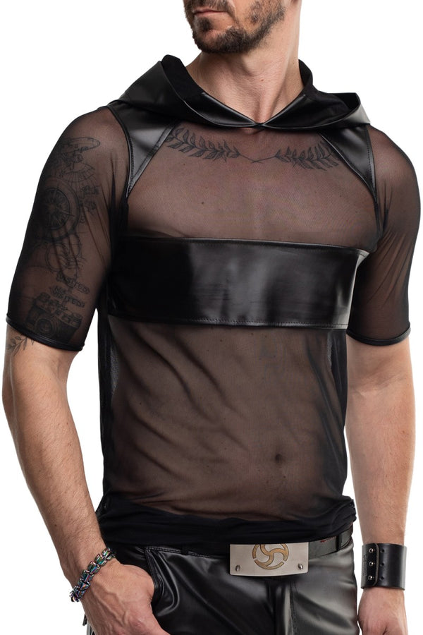 Schwarzes verführerisches Kapuzenshirt mit markanten Wetlook Details von Regnes Fetish Planet