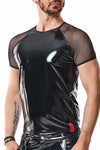 Schwarzes glänzendes Lackshirt mit transparenten Mesh Details von Regnes Fetish Planet – Ansicht 6