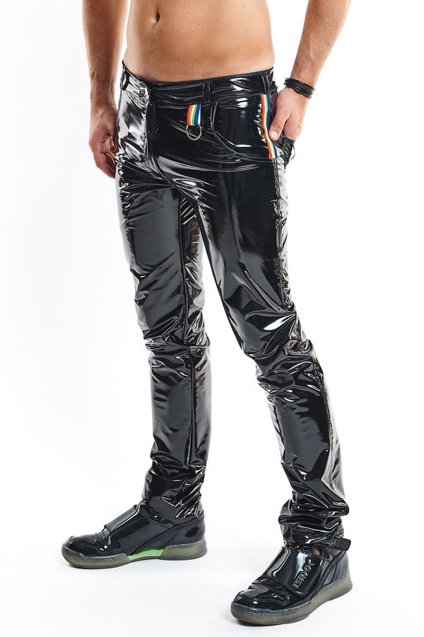 Herren Lack-Hose mit Taschen und Regenbogen-Akzent von Regnes Fetish Planet – Ansicht 8
