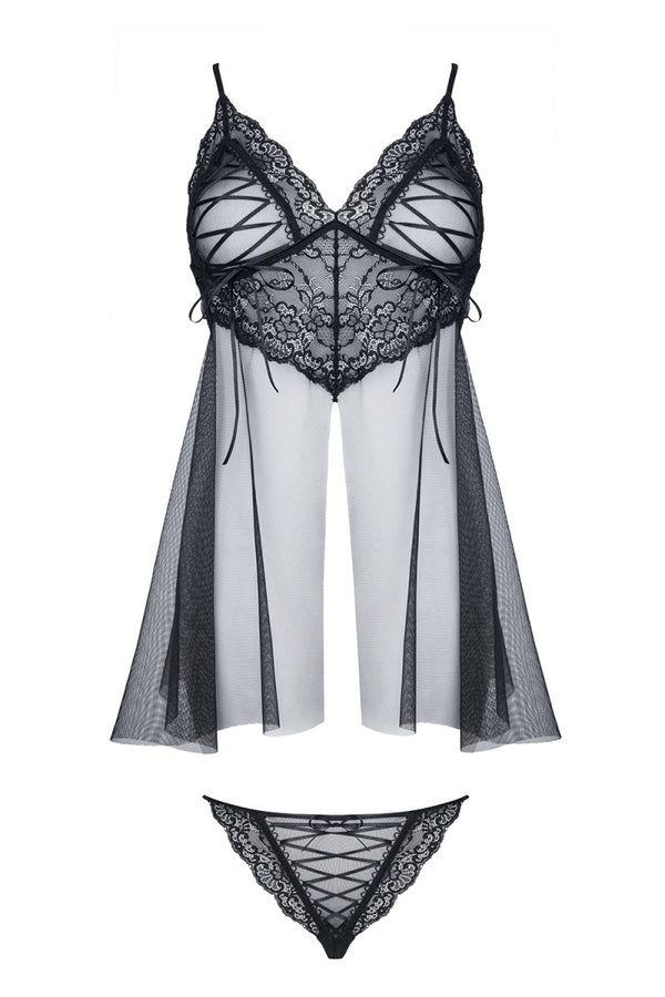 Schwarzes verlockendes Lingerie Babydoll mit aufregender Zierschnürung von Demoniq – Ansicht 2