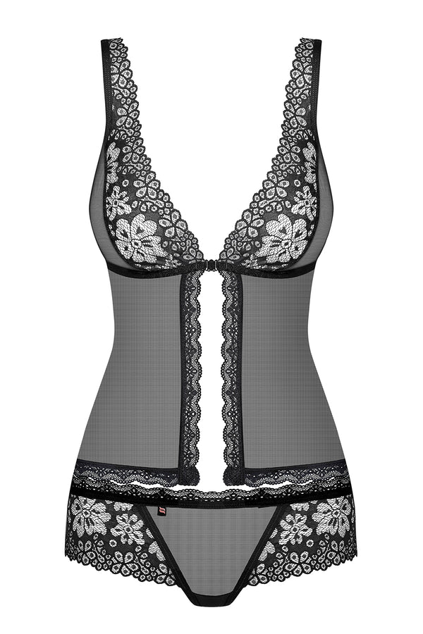 Schwarzes transparentes Babydoll mit feinen Spitzendetails und Hakenverschluss von Obsessive – Ansicht 3