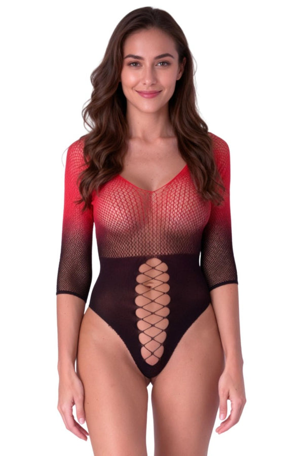Schwarzer roter verführerischer Body aus feinem Netzstoff von Passion