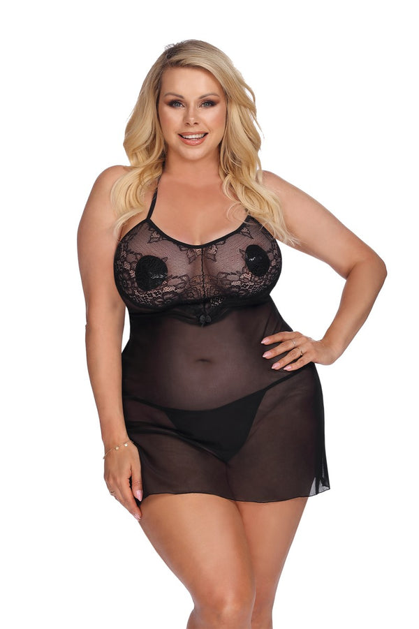 Schwarzes atemberaubendes transparentes Nachtkleid mit edlen Spitzenverzierungen von Anais Apparel Size Plus
