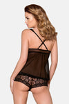Schwarzes transparentes Babydoll mit feinen Spitzendetails und Hakenverschluss von Obsessive – Ansicht 2
