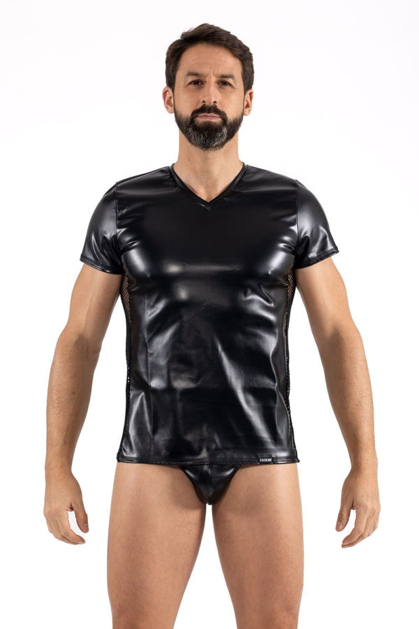 Schwarzes verführerisches T-Shirt aus mattem Kunstleder von LOOK ME