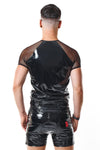 Schwarzes glänzendes Lackshirt mit transparenten Mesh Details von Regnes Fetish Planet – Ansicht 7
