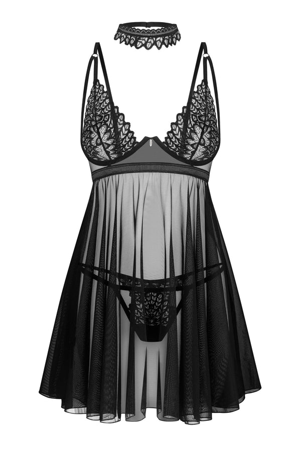 Schwarzes verführerisches Babydoll Set mit aufwendiger Stickerei von Obsessive – Ansicht 5