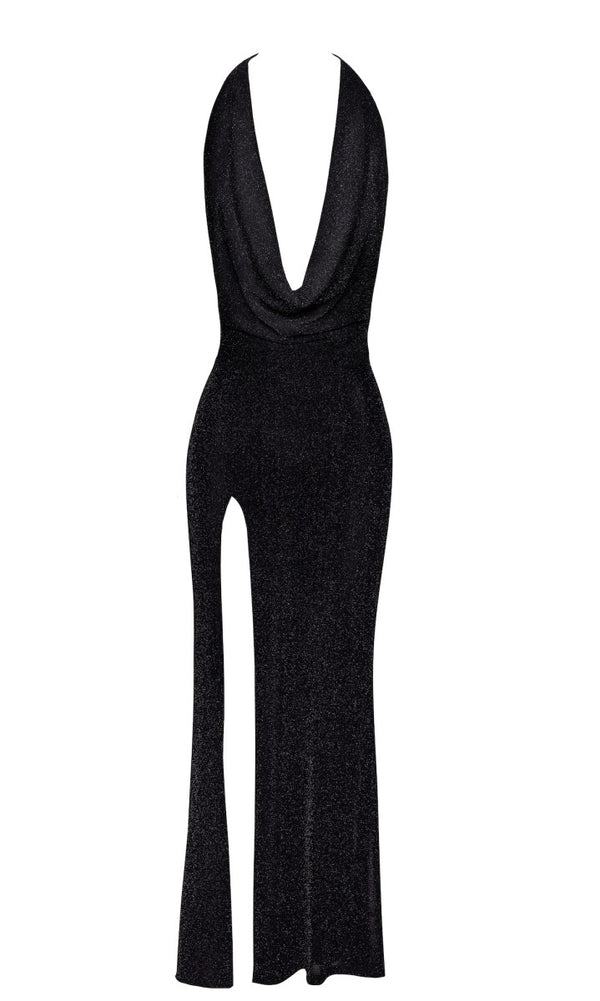 Sinnliches schwarzes Onyx Liquid Maxi-Kleid mit Drapierung von Noir Handmade – Ansicht 2
