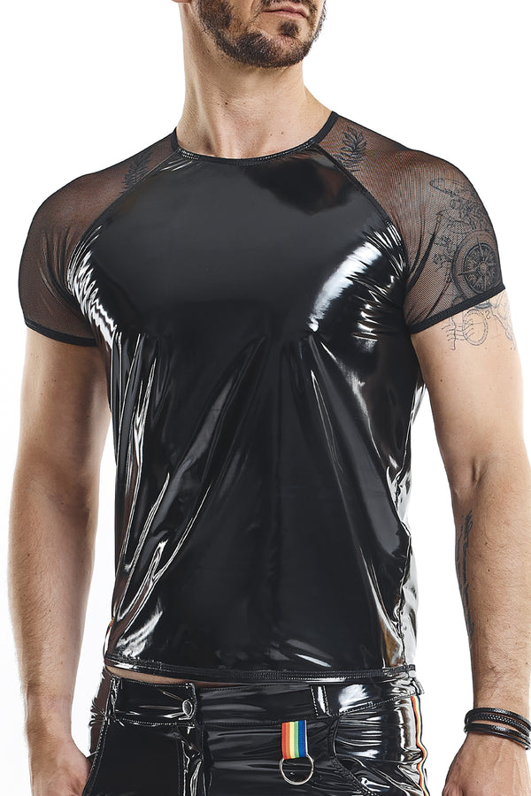 PVC Mesh T-Shirt mit Regenbogen-Patch für Herren von Regnes Fetish Planet – Ansicht 8
