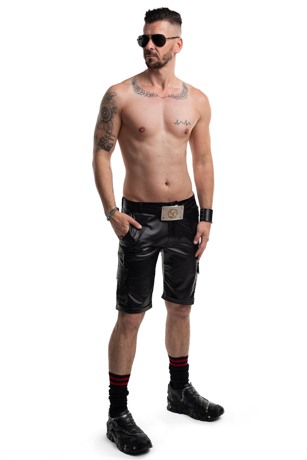 Schwarze maskuline Wetlook Cargo Shorts mit provokanten Details von Regnes Fetish Planet – Ansicht 6
