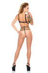 Schwarzer dominanter Kunstleder Body mit markanten Metallelementen von Me Seduce – Ansicht 4