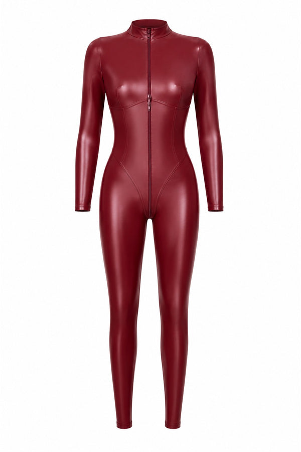 Burgunderroter hautenger Ganzkörper Overall aus glänzendem Powerwetlook von Noir Handmade – Ansicht 5