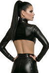 Schwarze raubtierhafte Wetlook Jacke mit brustfreiem Design von Demoniq – Ansicht 3