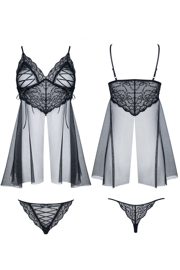 Schwarzes verlockendes Lingerie Babydoll mit aufregender Zierschnürung von Demoniq – Ansicht 8