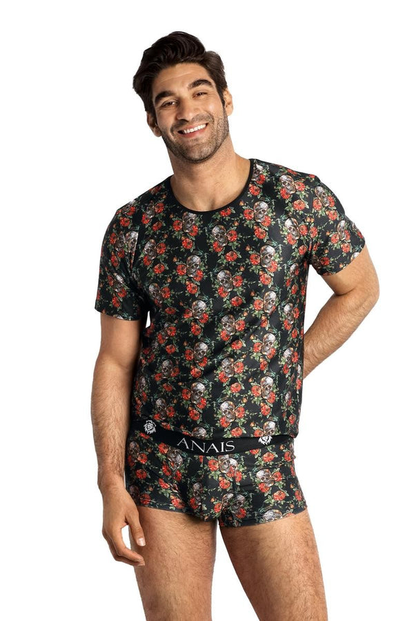 Buntes aufregendes figurbetontes T-Shirt mit markantem Flower Skull Print von Anais for Men