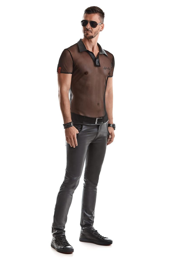 Transparentes Herren Mesh Poloshirt mit vertikalen Steppnähten von Regnes Fetish Planet – Ansicht 9