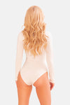 Ecrufarbener eleganter figurbetonter Body mit zartem transparentem Mesh Ausschnitt von Kalimo – Ansicht 4