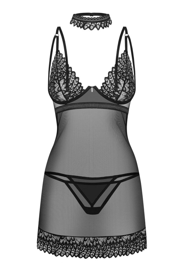 Schwarzes verführerisches Negligee mit passendem String und Halsband von Obsessive – Ansicht 2