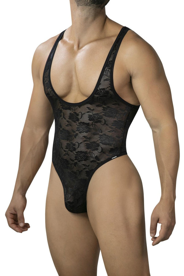 Schwarzer verfĂĽhrerischer Bodysuit aus feiner floraler Spitze von CUT4MEN