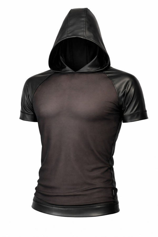 Schwarzes transparentes Herren-Shirt mit kapuze und wetlook details von Regnes Fetish Planet – Ansicht 2