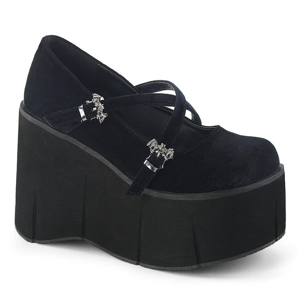 KERA-10 Plateau Schuh schwarz samt Fledermaus Schnallen Mary Janes von DemoniaCult