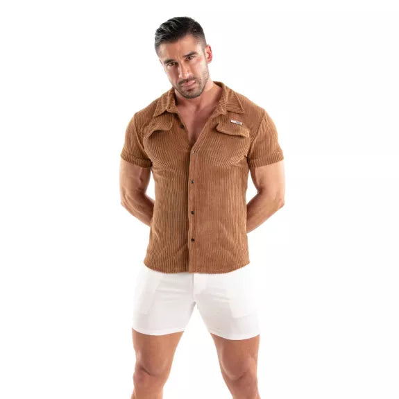 Herren Cordhemd kurzarm - Retro-Chic, taillierter Schnitt, Kamel | TOF Paris