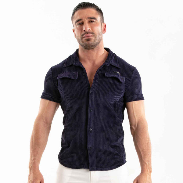 Herren Cordhemd kurzarm - Retro-Chic & strukturierter Schnitt in Marineblau | TOF Paris