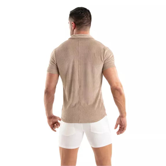 Herren Cordhemd kurzarm - Retro-Style mit strukturiertem Schnitt, Sandfarbend | TOF Paris