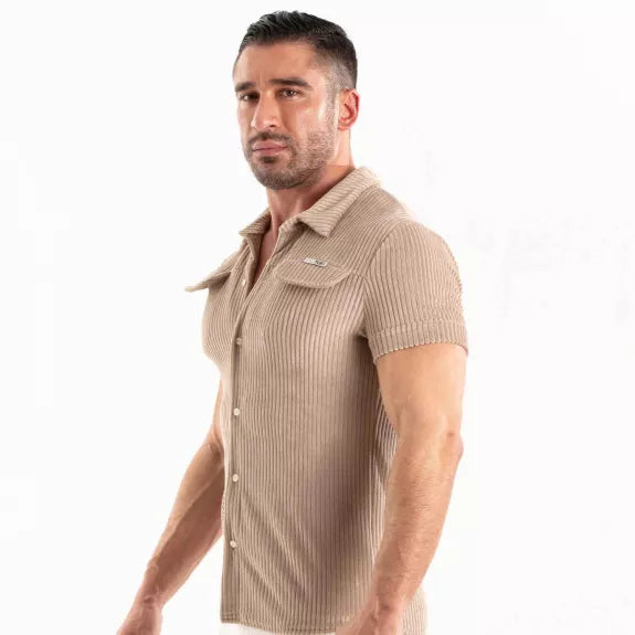 Herren Cordhemd kurzarm - Retro-Style mit strukturiertem Schnitt, Sandfarbend | TOF Paris