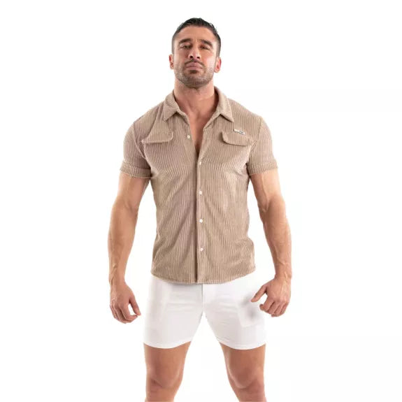 Herren Cordhemd kurzarm - Retro-Style mit strukturiertem Schnitt, Sandfarbend | TOF Paris