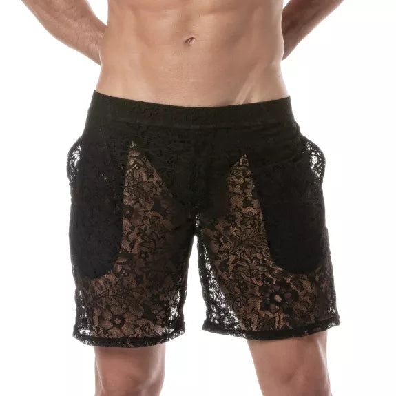 Long Lace Shorts Herren - Semi-transparent, mit tiefen Taschen, Schwarz | TOF Paris