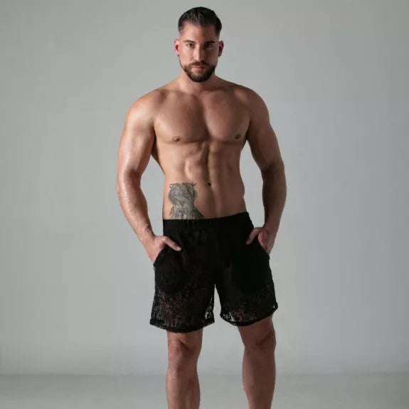 Long Lace Shorts Herren - Semi-transparent, mit tiefen Taschen, Schwarz | TOF Paris