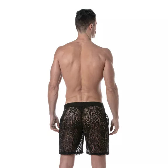 Long Lace Shorts Herren - Semi-transparent, mit tiefen Taschen, Schwarz | TOF Paris