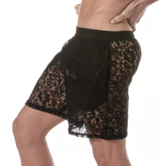 Long Lace Shorts Herren - Semi-transparent, mit tiefen Taschen, Schwarz | TOF Paris