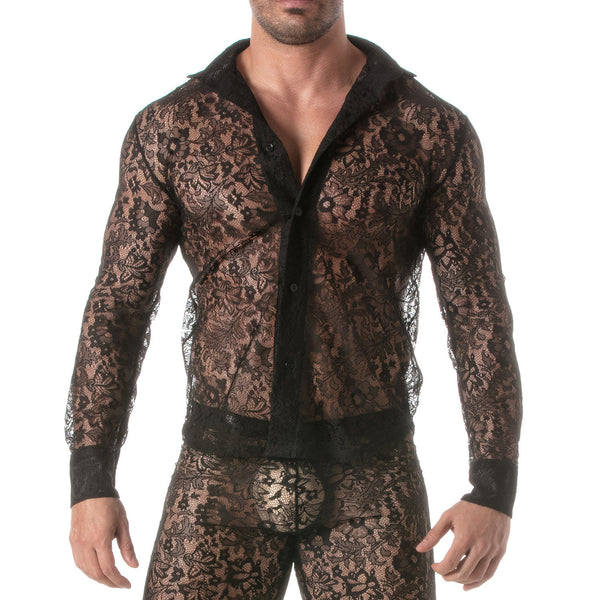 Langarm Spitzenhemd Herren - Slim Fit, semi-transparent, elegant, Schwarz | TOF Paris