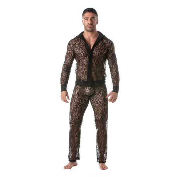 Langarm Spitzenhemd Herren - Slim Fit, semi-transparent, elegant, Schwarz | TOF Paris