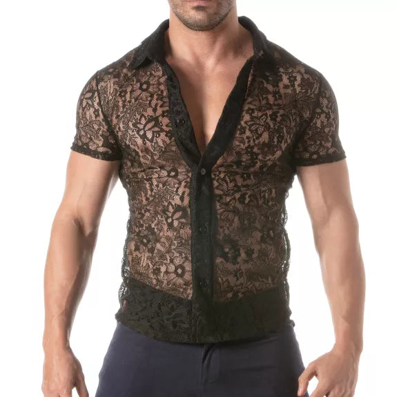 Herren Spitzen-Shortsleeve Shirt mit Satin-Kragen, schwarz | TOF Paris