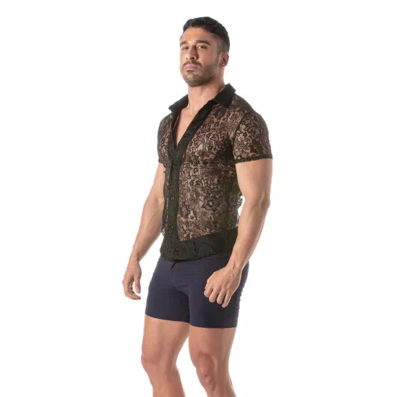 Herren Spitzen-Shortsleeve Shirt mit Satin-Kragen, schwarz | TOF Paris