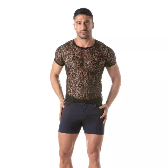 Herren T-Shirt aus floraler Spitze - elegant & körperbetont, schwarz | TOF Paris