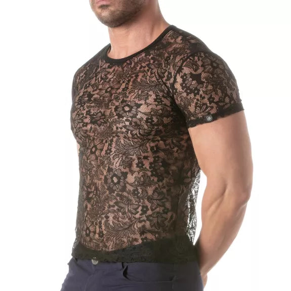 Herren T-Shirt aus floraler Spitze - elegant & körperbetont, schwarz | TOF Paris