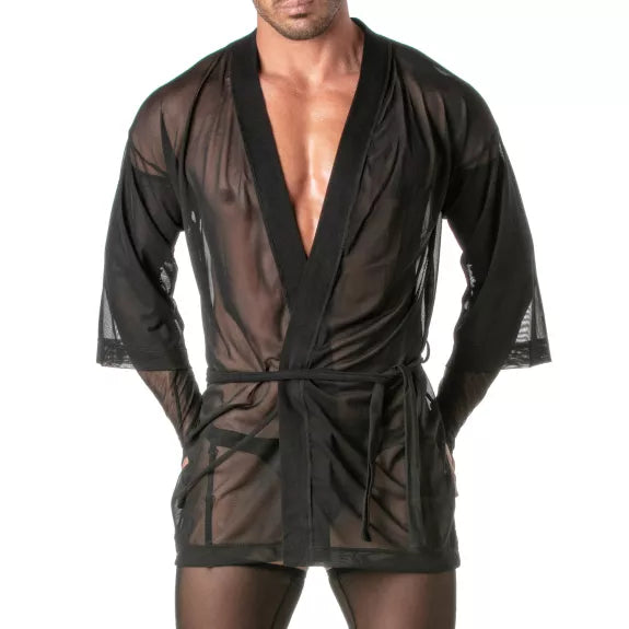 Kimono-Top aus Mesh - Transparenter Komfort mit Taillengürtel, Schwarz | TOF Paris