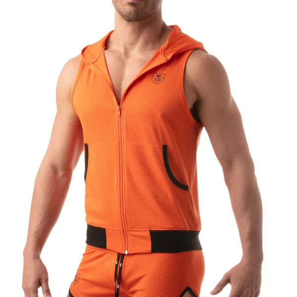 Orangene Mesh Sleeveless Hoodie im sportlichen Designer Look von TOF Paris – Ansicht 3